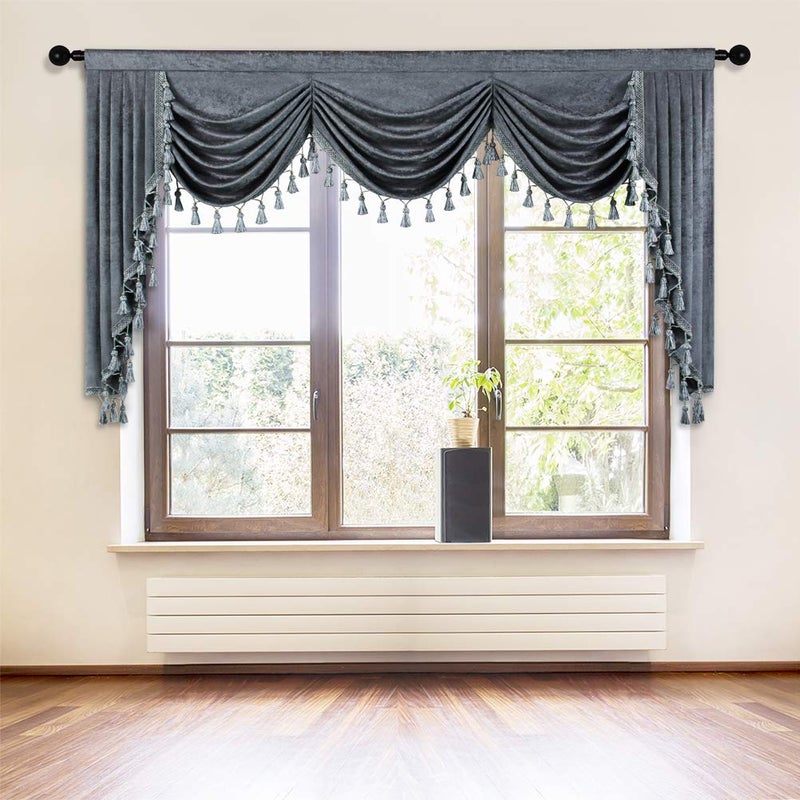 ELKCA Grey Chenille Window Curtains Valance for Living Room Curtain Waterfall Valance for Bedroom (W79 Inch, 1 Panel) - Image 1